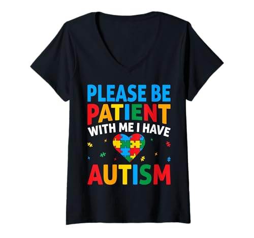 Damen Herz-Puzzle, Aufschrift "Please Be Patient I Have Autism Awareness T-Shirt mit V-Ausschnitt von Autism Awareness and Acceptance Designs