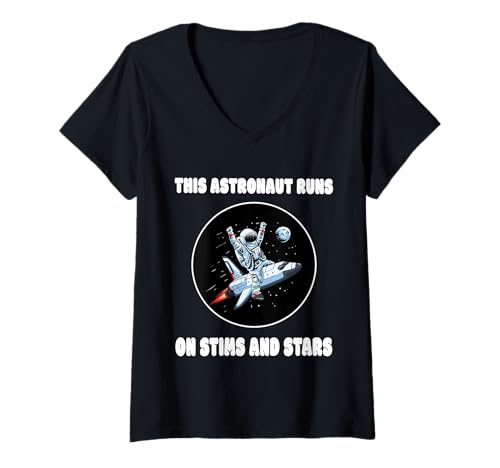 Damen This Astronaut Runs on Stims and Stars" - Autismus-Bewusstsein T-Shirt mit V-Ausschnitt von Autism Awareness & Neurodiversity Pride Design