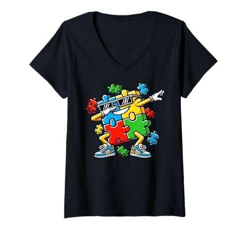 Damen Dabbing Autismus Bewusstsein Puzzleteil Autistic Pride Support T-Shirt mit V-Ausschnitt von Autism Day Autism Awareness Month Autistic People