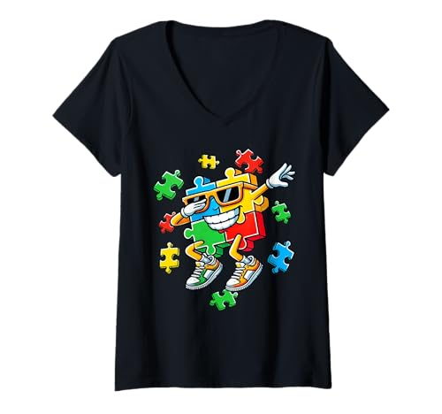 Damen Dabbing Autismus Bewusstsein Puzzleteil Autistic Pride Support T-Shirt mit V-Ausschnitt von Autism Day Autism Awareness Month Autistic People