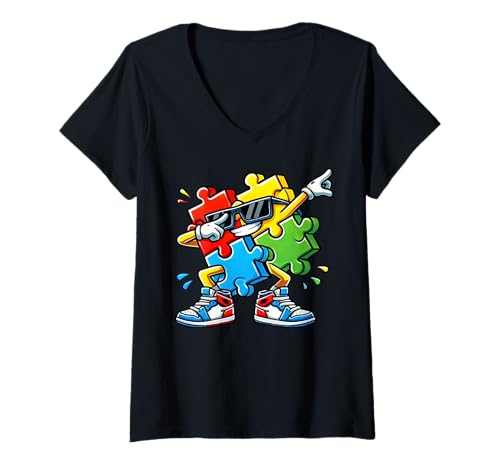 Damen Dabbing Autismus Bewusstsein Puzzleteil Autistic Pride Support T-Shirt mit V-Ausschnitt von Autism Day Autism Awareness Month Autistic People