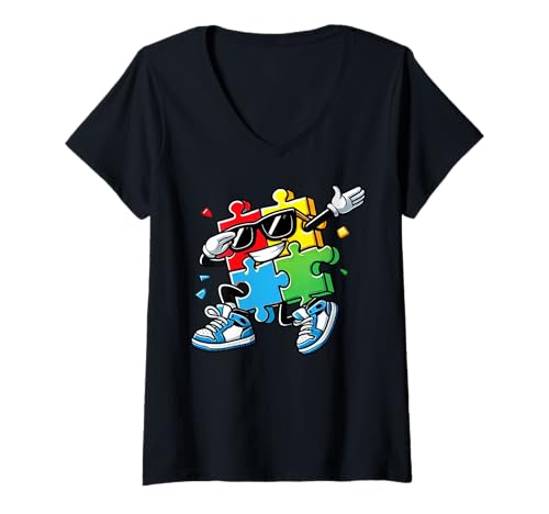 Damen Dabbing Autismus Bewusstsein Puzzleteil Autistic Pride Support T-Shirt mit V-Ausschnitt von Autism Day Autism Awareness Month Autistic People