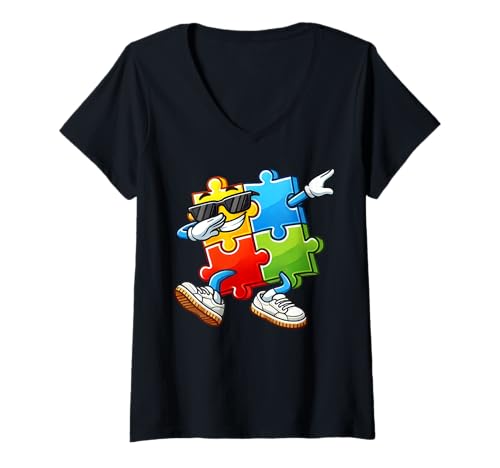 Damen Dabbing Autismus Bewusstsein Puzzleteil Autistic Pride Support T-Shirt mit V-Ausschnitt von Autism Day Autism Awareness Month Autistic People