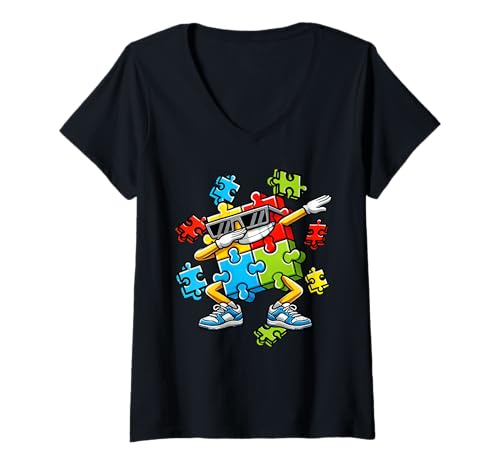 Damen Dabbing Autismus Bewusstsein Puzzleteil Autistic Pride Support T-Shirt mit V-Ausschnitt von Autism Day Autism Awareness Month Autistic People