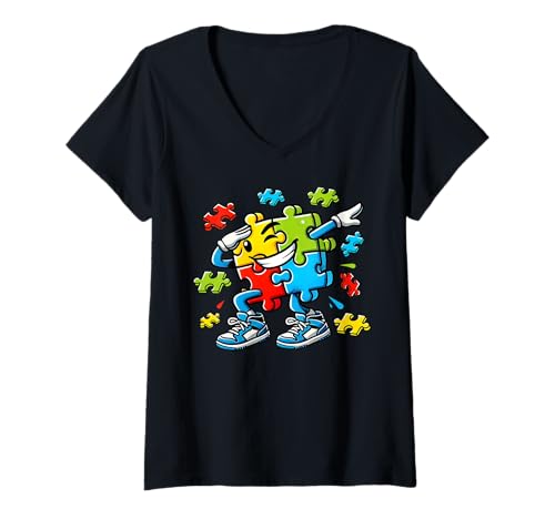 Damen Dabbing Autismus Bewusstsein Puzzleteil Autistic Pride Support T-Shirt mit V-Ausschnitt von Autism Day Autism Awareness Month Autistic People