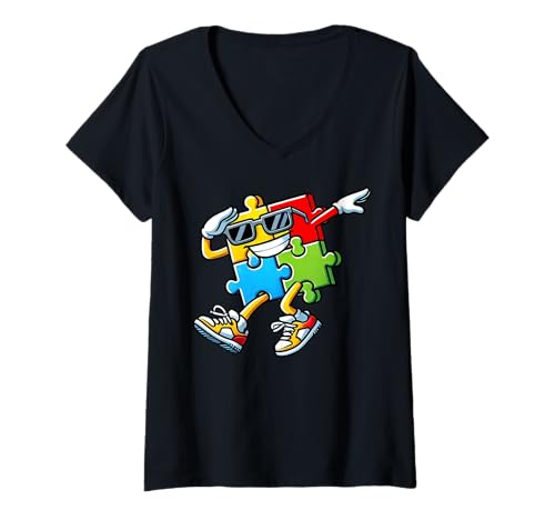 Damen Dabbing Autismus Bewusstsein Puzzleteil Autistic Pride Support T-Shirt mit V-Ausschnitt von Autism Day Autism Awareness Month Autistic People