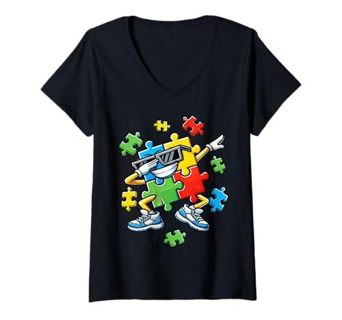 Damen Dabbing Autismus Bewusstsein Puzzleteil Autistic Pride Support T-Shirt mit V-Ausschnitt von Autism Day Autism Awareness Month Autistic People