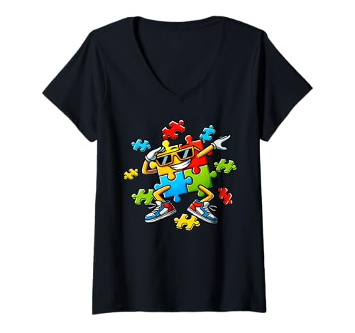 Damen Dabbing Autismus Bewusstsein Puzzleteil Autistic Pride Support T-Shirt mit V-Ausschnitt von Autism Day Autism Awareness Month Autistic People