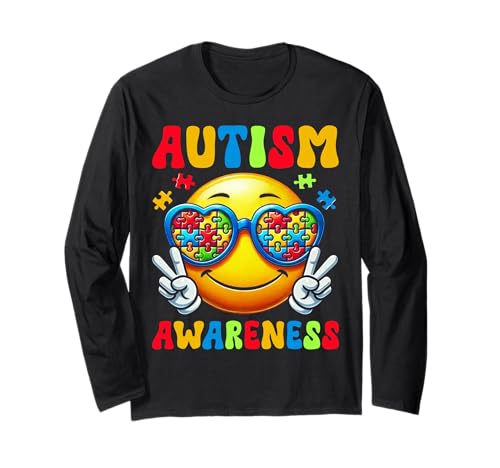 Autismus Bewusstsein Groovy Lächeln Gesicht Frieden Puzzle Frauen Männer Langarmshirt von Autism Day Autistic People Autism Awareness Month
