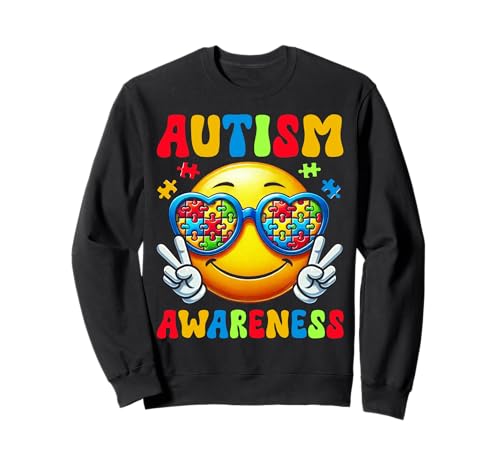 Autismus Bewusstsein Groovy Lächeln Gesicht Frieden Puzzle Frauen Männer Sweatshirt Autismus Bewusstsein Groovy Lächeln Gesicht Frieden Puzzle Frauen Männer Sweatshirt von Autism Day Autistic People Autism Awareness Month