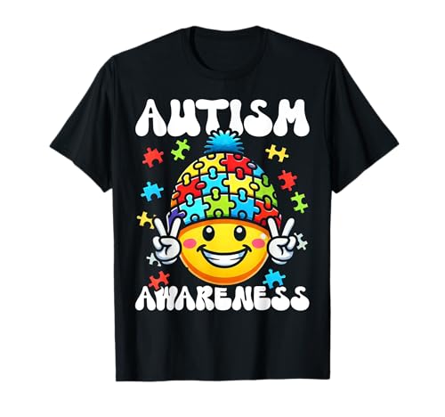 Autismus Bewusstsein Groovy Lächeln Gesicht Frieden Puzzle Frauen Männer T-Shirt von Autism Day Autistic People Autism Awareness Month