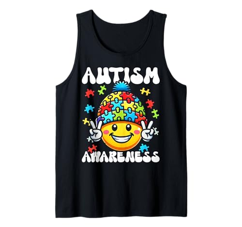 Autismus Bewusstsein Groovy Lächeln Gesicht Frieden Puzzle Frauen Männer Tank Top von Autism Day Autistic People Autism Awareness Month