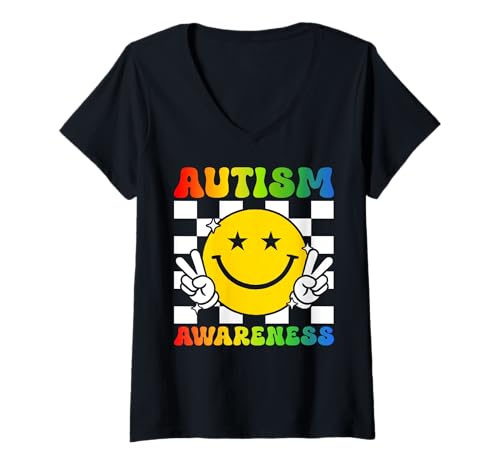 Damen Autismus Bewusstsein Frieden Lächeln Gesicht Puzzle Autistic Pride T-Shirt mit V-Ausschnitt von Autism Day Autistic People Autism Awareness Month