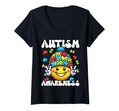 Damen Autismus Bewusstsein Groovy Lächeln Gesicht Frieden Puzzle Frauen Männer T-Shirt mit V-Ausschnitt von Autism Day Autistic People Autism Awareness Month