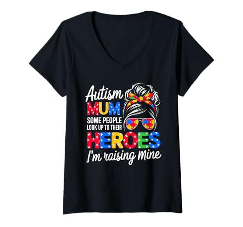 Damen Autism Mum T-Shirt Erwachsene Messy Bun Autismus Awareness T-Shirt mit V-Ausschnitt Damen Autism Mum T-Shirt Erwachsene Messy Bun Autismus Awareness T-Shirt mit V-Ausschnitt von Autism Messy Bun Tees Co.