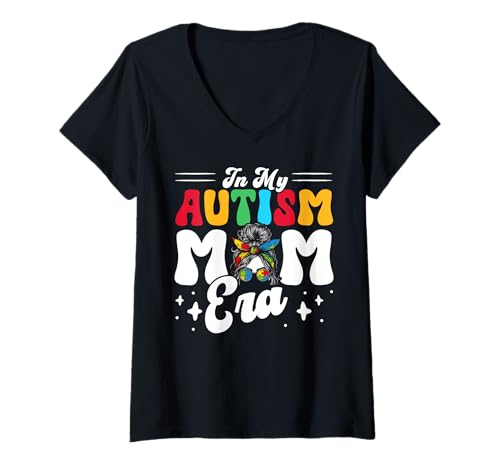 Damen In der Ära meiner Autismus-Mutter zum Autismus-Bewusstseinstag Puzzlesy Bun T-Shirt mit V-Ausschnitt von Autism Mom Autistic Autism Day Gifts Women Mother