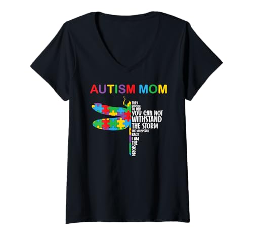 Damen Autismus-Bewusstsein Mutter Sohn Tochter Autistisches Kind Autismus Mutter T-Shirt mit V-Ausschnitt von Autism Mom Dad Family Apparel.USA