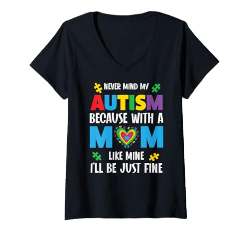 Damen Autismus-Bewusstsein Mutter Sohn Tochter Autistisches Kind Autismus Mutter T-Shirt mit V-Ausschnitt von Autism Mom Dad Family Apparel.USA