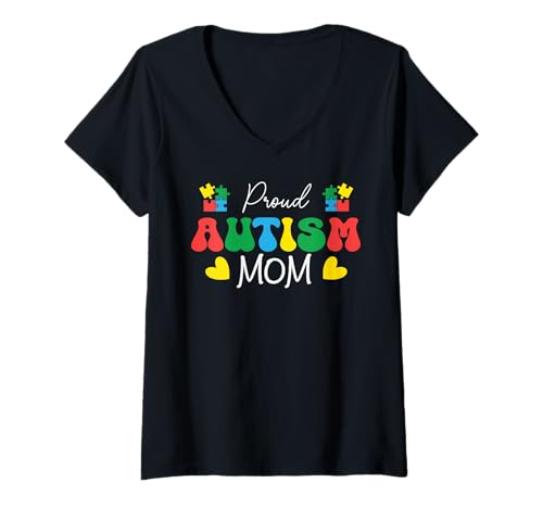 Damen Autismus-Bewusstsein Mutter Sohn Tochter Autistisches Kind Autismus Mutter T-Shirt mit V-Ausschnitt von Autism Mom Dad Family Apparel.USA