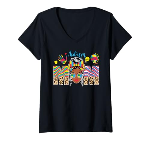 Damen Autismus-Bewusstsein Mutter Sohn Tochter Autistisches Kind Autismus Mutter T-Shirt mit V-Ausschnitt von Autism Mom Dad Family Apparel.USA
