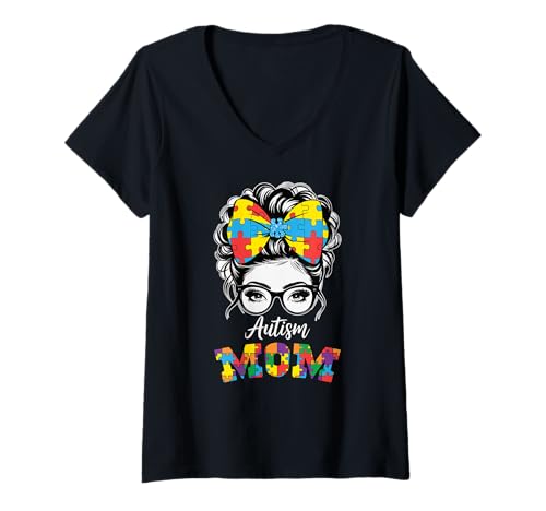 Damen Autismus-Bewusstsein Mutter Sohn Tochter Autistisches Kind Autismus Mutter T-Shirt mit V-Ausschnitt von Autism Mom Dad Family Apparel.USA