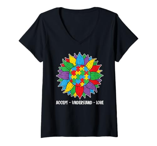 Damen Autismus-Bewusstsein Mutter Sohn Tochter Autistisches Kind Autismus Mutter T-Shirt mit V-Ausschnitt von Autism Mom Dad Family Apparel.USA