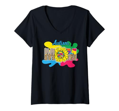 Damen Autismus-Bewusstsein Mutter Sohn Tochter Autistisches Kind Autismus Mutter T-Shirt mit V-Ausschnitt von Autism Mom Dad Family Apparel.USA