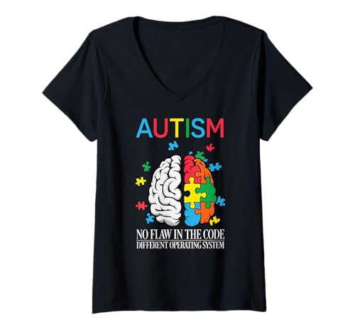 Damen Neurodiversität feiert Gehirn ADHS Legasthenie Autismus ASD T-Shirt mit V-Ausschnitt von Autism Mom Dad Family Apparel.USA