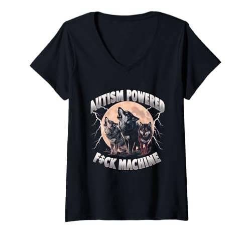 Damen Autismus Powered F ck Machine Funny Meme Wolf Autistic Retro T-Shirt mit V-Ausschnitt von Autism Powered F ck Machine Wolf Autistic
