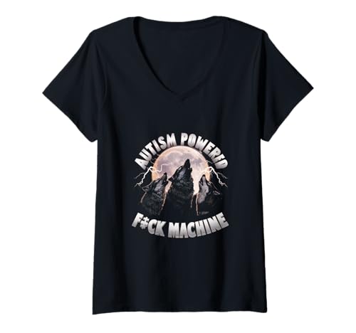 Damen Autismus Powered F ck Machine Funny Meme Wolf Autistic Retro T-Shirt mit V-Ausschnitt Damen Autismus Powered F ck Machine Funny Meme Wolf Autistic Retro T-Shirt mit V-Ausschnitt von Autism Powered F ck Machine Wolf