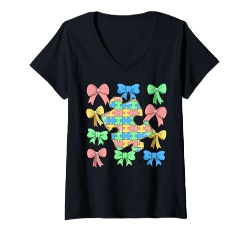 Damen Autismus-Puzzle T-Shirt mit V-Ausschnitt von Autism Puzzle Autistic Pieces Support Awareness