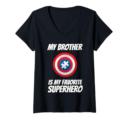 Damen Mein Bruder ist Mein Lieblings-Superheld, Autismus-Bewusstsein T-Shirt mit V-Ausschnitt Damen Mein Bruder ist Mein Lieblings-Superheld, Autismus-Bewusstsein T-Shirt mit V-Ausschnitt von Autism Superhero T