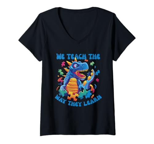 Damen T-Rex Puzzle Teile Lehrer Autism Awarness T-Shirt mit V-Ausschnitt von Autism awarness month teacher designs