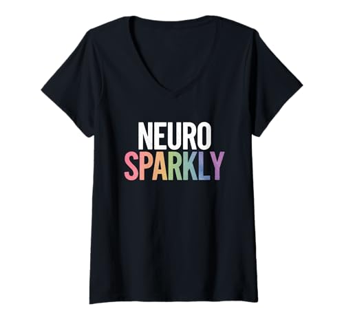 Damen Neuro Sparkly Distressed Typografie Retro neurodivergent T-Shirt mit V-Ausschnitt von Autism pride, ADHD