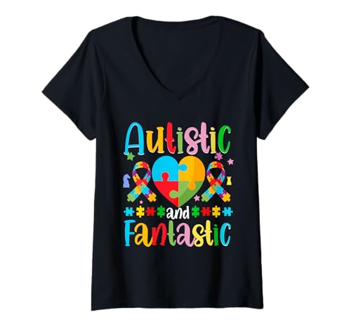 Damen Autist Autistisch Autismus Autistic and Fantastic T-Shirt mit V-Ausschnitt Damen Autist Autistisch Autismus Autistic and Fantastic T-Shirt mit V-Ausschnitt von Autismus Autismus-Bewusstseins-Tag
