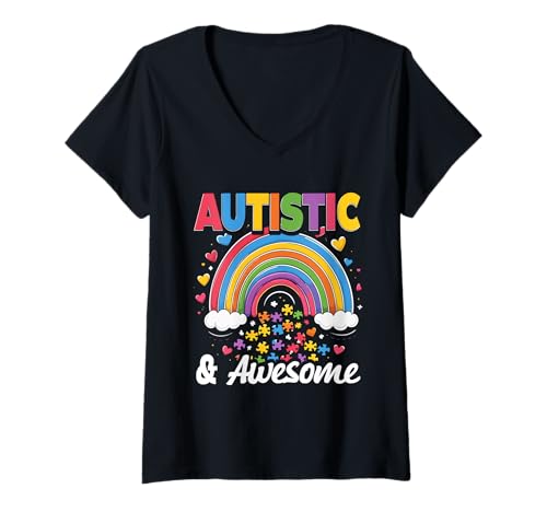 Damen Autist Autistisch Autismus Autistic & Awesome T-Shirt mit V-Ausschnitt Damen Autist Autistisch Autismus Autistic & Awesome T-Shirt mit V-Ausschnitt von Autismus Autismus-Bewusstseins-Tag