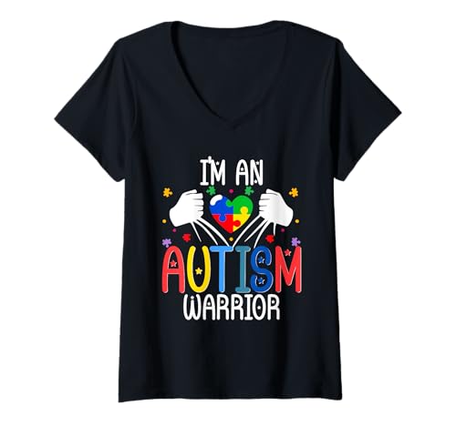 Damen Autist Autistisch Autismus I'm an Autism Warrior T-Shirt mit V-Ausschnitt von Autismus Autismus-Bewusstseins-Tag