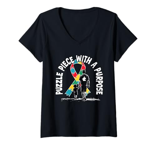 Damen Autist Autistisch Autismus Puzzle Piece with a Purpose T-Shirt mit V-Ausschnitt Damen Autist Autistisch Autismus Puzzle Piece with a Purpose T-Shirt mit V-Ausschnitt von Autismus Autismus-Bewusstseins-Tag