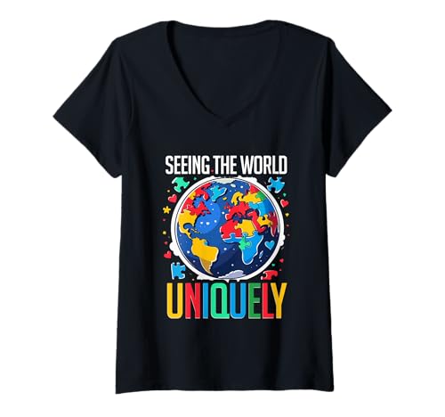 Damen Autist Autistisch Autismus See The World Uniquely T-Shirt mit V-Ausschnitt Damen Autist Autistisch Autismus See The World Uniquely T-Shirt mit V-Ausschnitt von Autismus Autismus-Bewusstseins-Tag