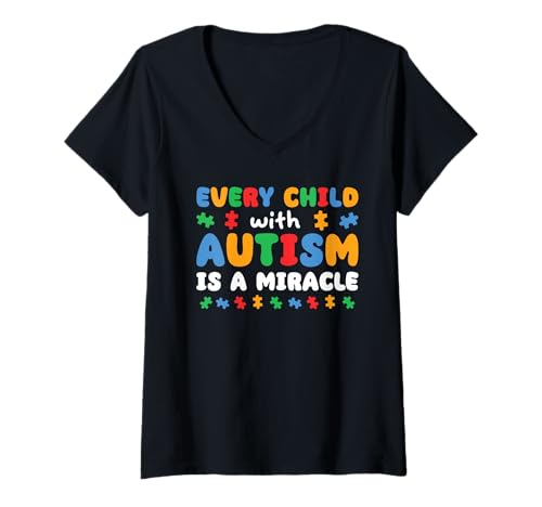 Damen Jedes Kind mit Autismus ist EIN Wunder Autism Awareness T-Shirt mit V-Ausschnitt von Autismus Bewusstsein Familie und Unterstützung
