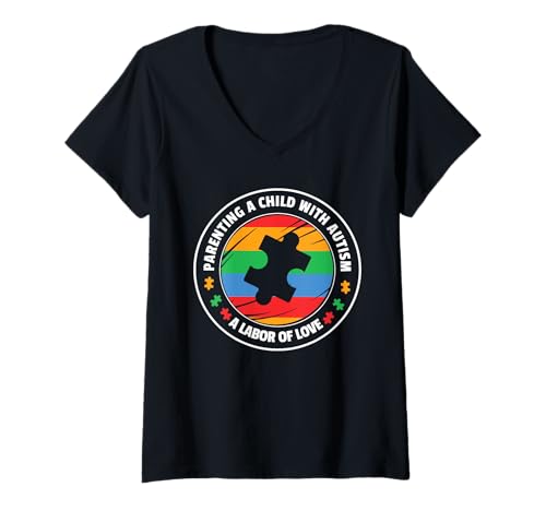 Damen Parenting a Child with Autism Parents Autism Awareness T-Shirt mit V-Ausschnitt von Autismus Bewusstsein Familie und Unterstützung