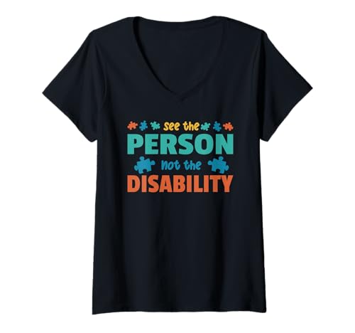 Damen Sehen Sie die Person, Nicht die Behinderung Autism Awareness T-Shirt mit V-Ausschnitt von Autismus Bewusstsein Familie und Unterstützung