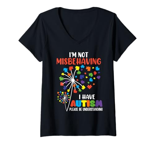 Damen Autisten I'M NOT MISBEHAVING I HAVE AUTISM Lustig Löwenzahn T-Shirt mit V-Ausschnitt von Autismus Geschenk Löwenzahn Shirt Pusteblume