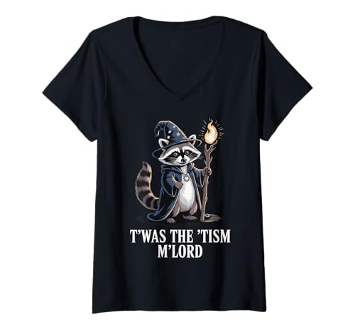 Damen T'was The 'tism M'lord Raccoon T-Shirt mit V-Ausschnitt von Autismus Waschbär Meme Lustig Wild