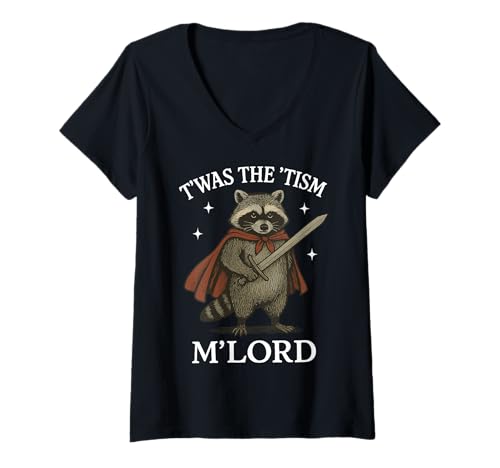 Damen T'was The 'tism M'lord Raccoon T-Shirt mit V-Ausschnitt von Autismus Waschbär Meme Lustig Wild