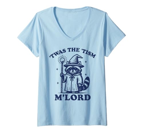 Damen T'was The 'tism M'lord Raccoon T-Shirt mit V-Ausschnitt Damen T'was The 'tism M'lord Raccoon T-Shirt mit V-Ausschnitt von Autismus Waschbär Meme Lustig Wild