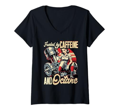 Damen Petrolhead Auto Tuning Fueled by Caffeine and Octane T-Shirt mit V-Ausschnitt Damen Petrolhead Auto Tuning Fueled by Caffeine and Octane T-Shirt mit V-Ausschnitt von Auto Tuning Driften Mechaniker Mechatroniker