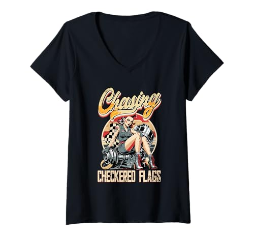 Damen Petrolhead Auto Tuning Motorsport Chasing Checkered Flags T-Shirt mit V-Ausschnitt von Auto Tuning Driften Mechaniker Mechatroniker