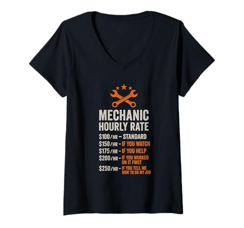 Damen Lustiger Mechaniker Stundensatz Werkstatt Auto Reparatur Getriebe T-Shirt mit V-Ausschnitt Damen Lustiger Mechaniker Stundensatz Werkstatt Auto Reparatur Getriebe T-Shirt mit V-Ausschnitt von Automotive Work Rate list Car Lovers DIY Mechanics