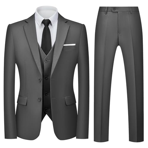 Autsel Anzug Herren Slim Fit 3 Teilig Anzüge Business Herrenanzug 3-Teilig für Hochzeit Sakko Hose Weste Formal Dinner Suit Dunkelgrau 3XL von Autsel